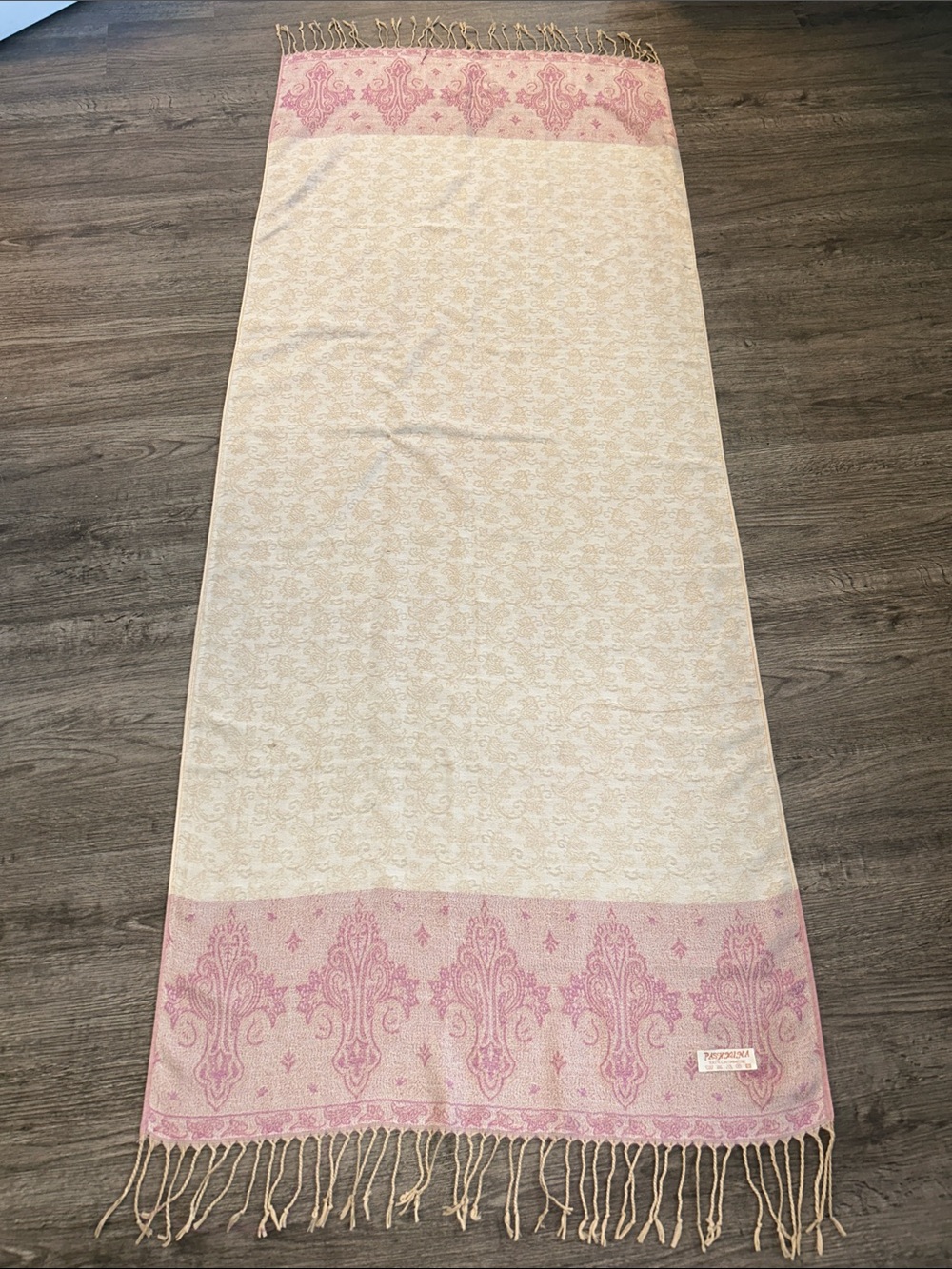 Pashmina 100% Cashmere Pink Cream Damask Fringe Scarf Wrap Shawl